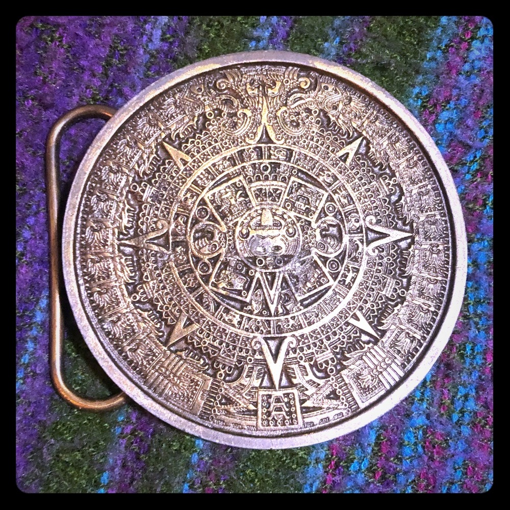 Mayan calendar brass belt buckle
